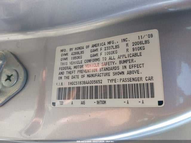 Продаж на аукціоні авто 2010 Honda Accord 2.4 Lx-s, vin: 1HGCS1B39AA005652, номер лоту: 44731589