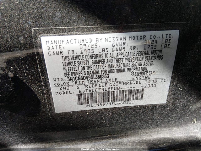 Продаж на аукціоні авто 2025 Nissan Versa 1.6 S, vin: 3N1CN8DV9SL880353, номер лоту: 44731607