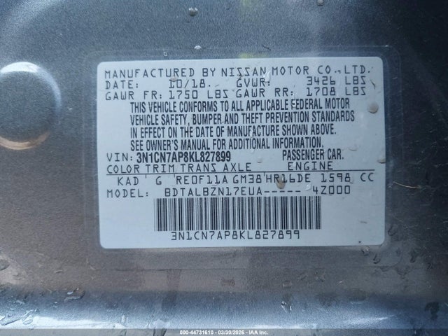 3N1CN7AP8KL827899 Nissan Versa 1.6 Sv