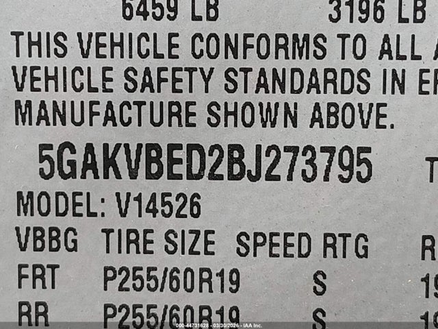 44731628 :رقم المزاد ، 5GAKVBED2BJ273795 vin ، 2011 Buick Enclave 1xl مزاد بيع