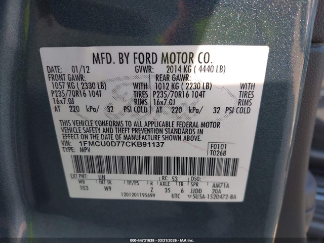 44731638 :رقم المزاد ، 1FMCU0D77CKB91137 vin ، 2012 Ford Escape Xlt مزاد بيع