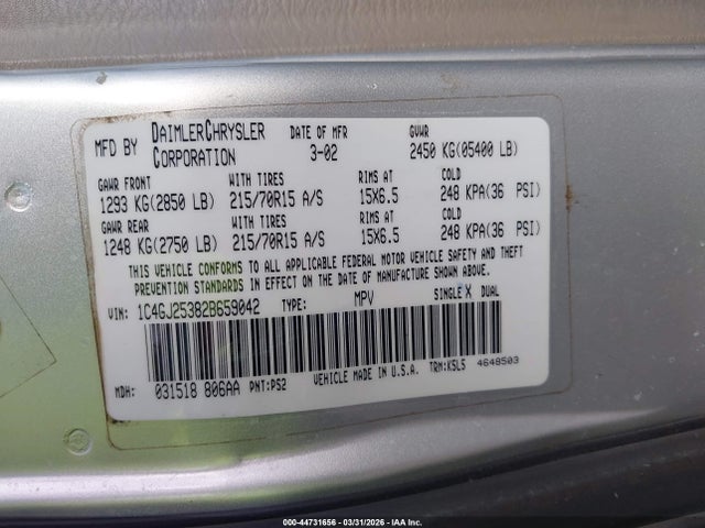 2002 CHRYSLER VOYAGER 1C4GJ25382B659042 Photo 8