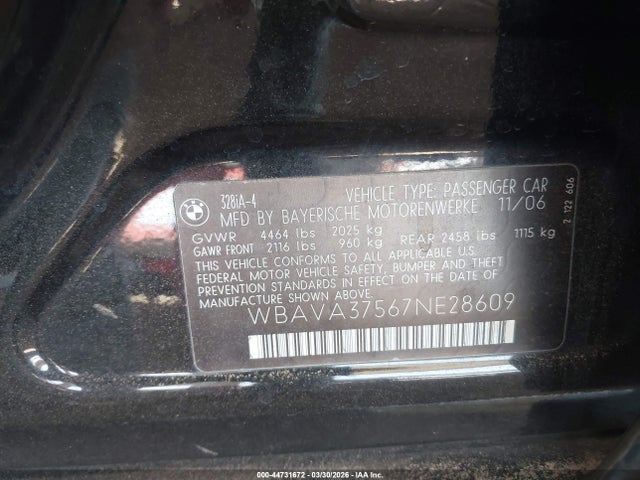 2007 Bmw 328i მანქანა იყიდება აუქციონზე, vin: WBAVA37567NE28609, აუქციონის ნომერი: 44731672