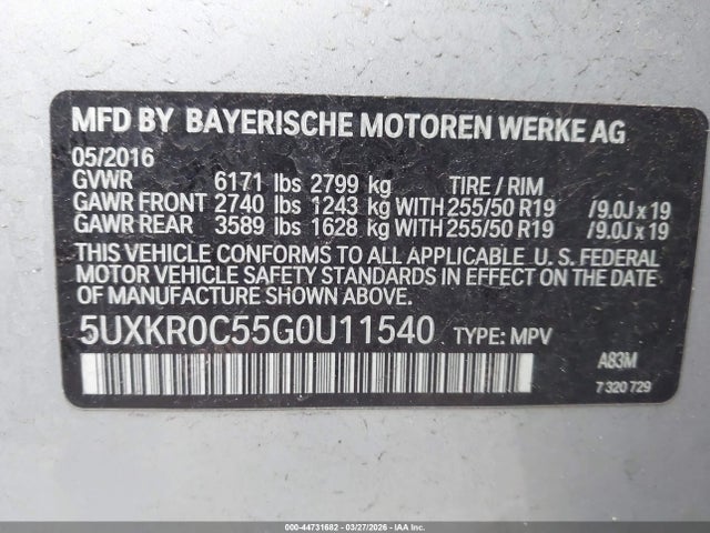 Продаж на аукціоні авто 2016 Bmw X5 Xdrive35i, vin: 5UXKR0C55G0U11540, номер лоту: 44731682