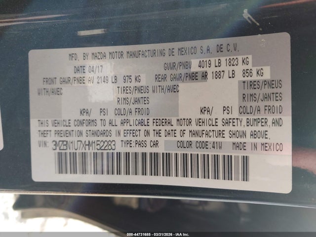 Aukcja sprzedaży 2017 Mazda Mazda3 Sport, vin: 3MZBN1U7XHM152283, numer aukcji: 44731685