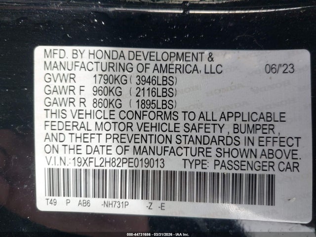 Aukcja sprzedaży 2023 Honda Civic Sport, vin: 19XFL2H82PE019013, numer aukcji: 44731686