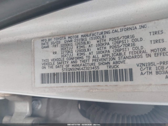 44731700 :رقم المزاد ، 5TEGN92N64Z323455 vin ، 2004 Toyota Tacoma Double Cab Prerunner مزاد بيع