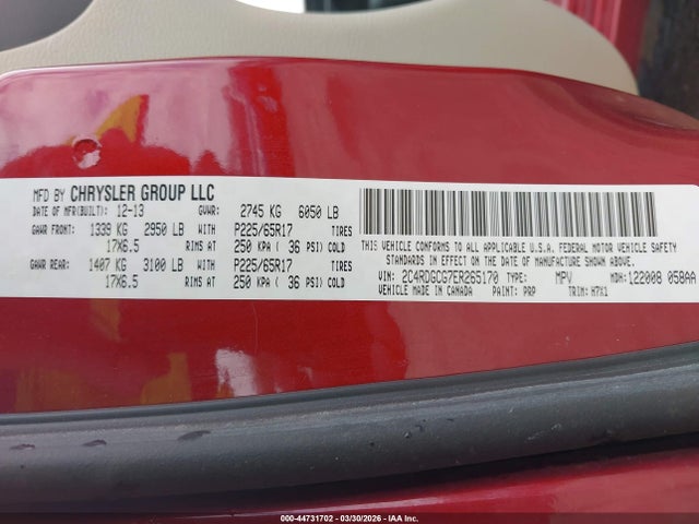 44731702 :رقم المزاد ، 2C4RDGCG7ER265170 vin ، 2014 Dodge Grand Caravan Sxt مزاد بيع