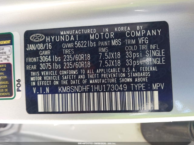 Продаж на аукціоні авто 2017 Hyundai Santa Fe Se, vin: KM8SNDHF1HU173049, номер лоту: 44731713