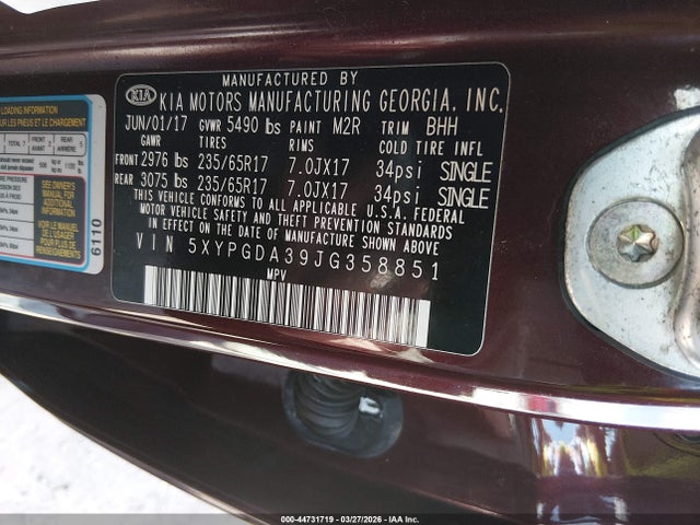 Aukcja sprzedaży 2018 Kia Sorento 2.4l Lx, vin: 5XYPGDA39JG358851, numer aukcji: 44731719