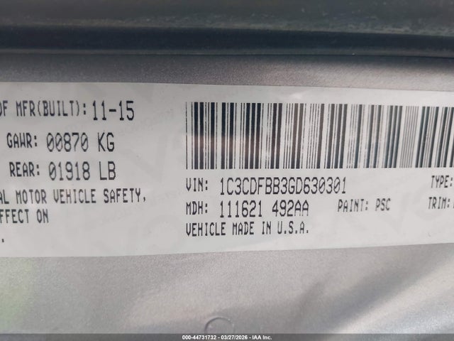 Aukcja sprzedaży 2016 Dodge Dart Sxt, vin: 1C3CDFBB3GD630301, numer aukcji: 44731732