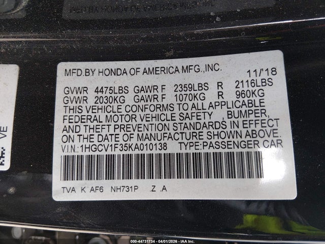 44731734 :رقم المزاد ، 1HGCV1F35KA010138 vin ، 2019 Honda Accord Sport مزاد بيع