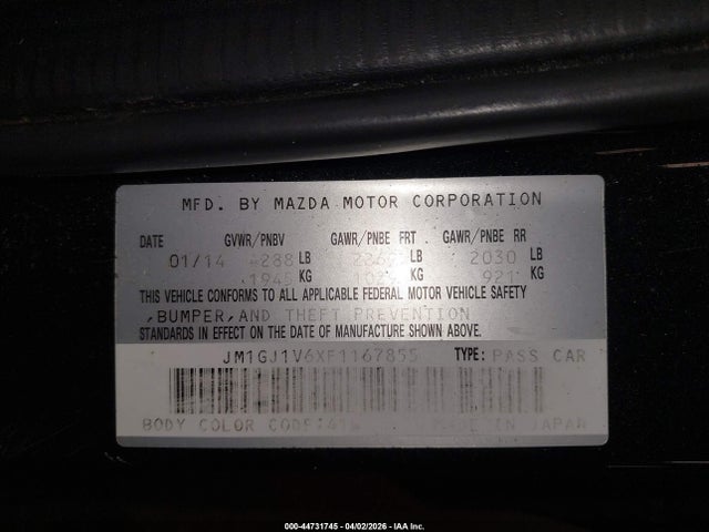 2015 Mazda Mazda6 I Touring მანქანა იყიდება აუქციონზე, vin: JM1GJ1V6XF1167855, აუქციონის ნომერი: 44731745