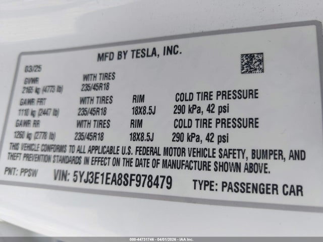 Aukcja sprzedaży 2025 Tesla Model 3 Long Range Rear-wheel Drive/standard Rear-wheel Drive, vin: 5YJ3E1EA8SF978479, numer aukcji: 44731746