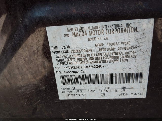 44731750 :رقم المزاد ، 1YVHZ8BH8A5M32487 vin ، 2010 Mazda Mazda6 I Sport مزاد بيع