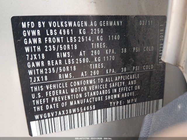 Aukcja sprzedaży 2011 Volkswagen Tiguan Sel, vin: WVGBV7AX3BW554658, numer aukcji: 44731758