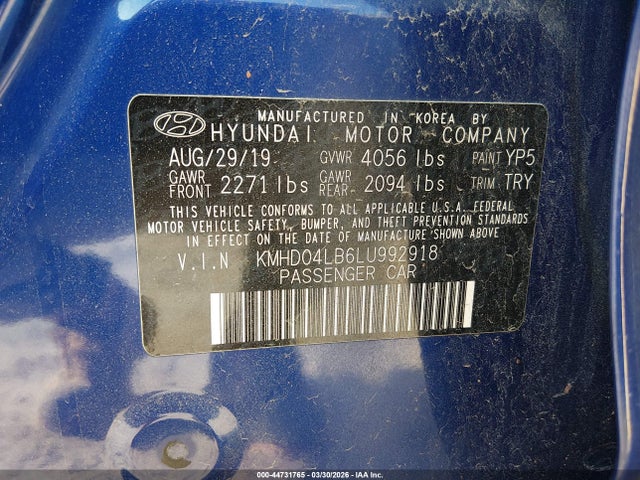 2020 Hyundai Elantra Sport მანქანა იყიდება აუქციონზე, vin: KMHD04LB6LU992918, აუქციონის ნომერი: 44731765