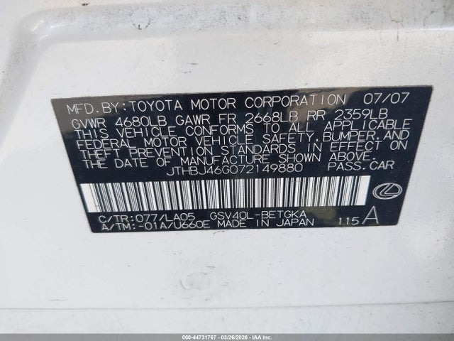 44731767 :رقم المزاد ، JTHBJ46G072149880 vin ، 2007 Lexus Es 350 مزاد بيع