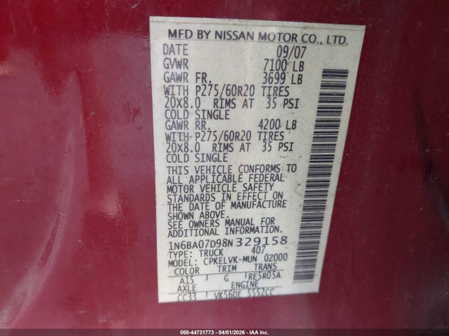 2008 NISSAN TITAN 1N6BA07D98N329158 Photo 8