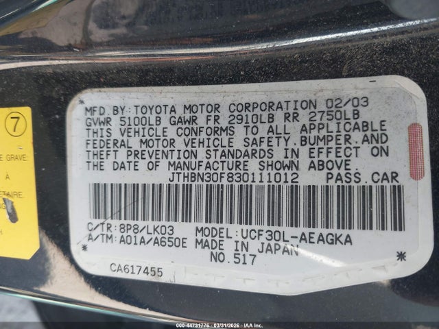 Продаж на аукціоні авто 2003 Lexus Ls 430, vin: JTHBN30F830111012, номер лоту: 44731776