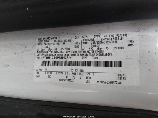 Aukcja sprzedaży 2023 Ford Transit-250, vin: 1FTBR1C86PKB42714, numer aukcji: 44731789