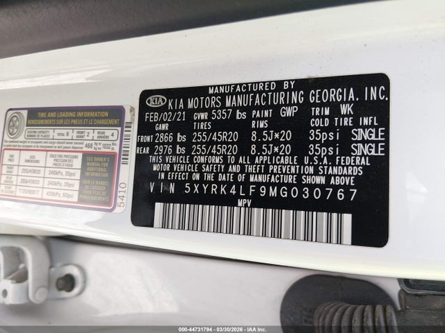 44731794 :رقم المزاد ، 5XYRK4LF9MG030767 vin ، 2021 Kia Sorento Sx Prestige مزاد بيع