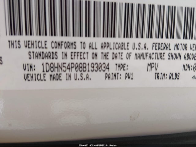 2008 Dodge Grand Caravan Sxt მანქანა იყიდება აუქციონზე, vin: 1D8HN54P08B193034, აუქციონის ნომერი: 44731805