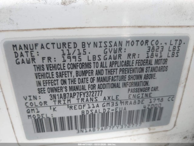 2015 Nissan Sentra Sv მანქანა იყიდება აუქციონზე, vin: 3N1AB7AP7FY372777, აუქციონის ნომერი: 44731821
