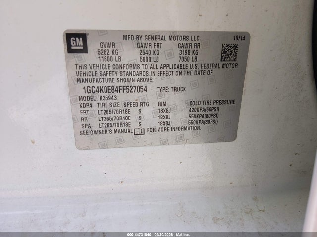 2015 Chevrolet Silverado 3500hd Ltz მანქანა იყიდება აუქციონზე, vin: 1GC4K0E84FF527054, აუქციონის ნომერი: 44731840