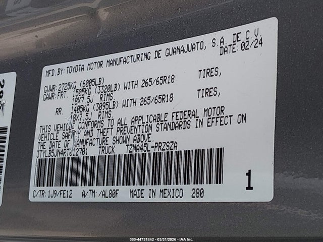 Aukcja sprzedaży 2024 Toyota Tacoma Trd Sport, vin: 3TYLB5JN4RT012701, numer aukcji: 44731842