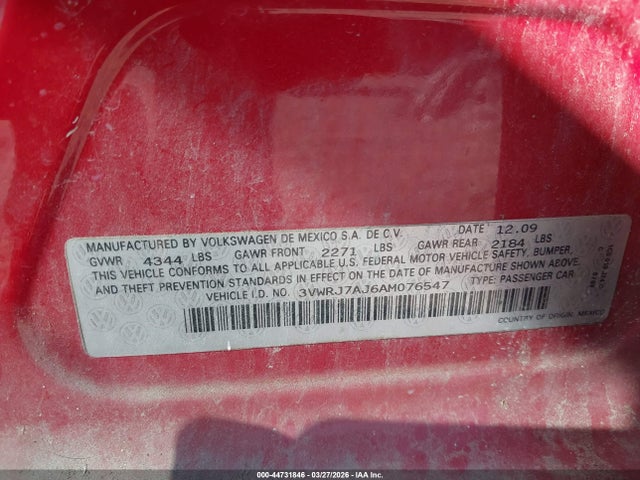 44731846 :رقم المزاد ، 3VWRJ7AJ6AM076547 vin ، 2010 Volkswagen Jetta Wolfsburg Edition مزاد بيع