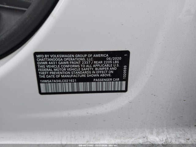 Aukcja sprzedaży 2020 Volkswagen Passat 2.0t Se, vin: 1VWSA7A34LC021621, numer aukcji: 44731852