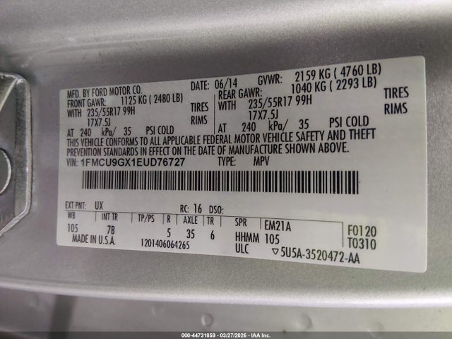 1FMCU9GX1EUD76727 Ford ESCAPE SE