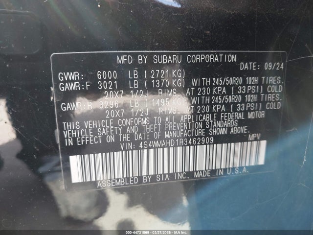 44731869 :رقم المزاد ، 4S4WMAHD1R3462909 vin ، 2024 Subaru Ascent Onyx Edition 7-passenger مزاد بيع