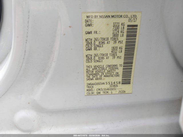 1N6AA1E65HN551458 Nissan TITAN SV