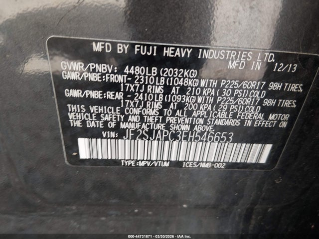 2014 Subaru Forester 2.5i Touring მანქანა იყიდება აუქციონზე, vin: JF2SJAPC3EH546653, აუქციონის ნომერი: 44731871