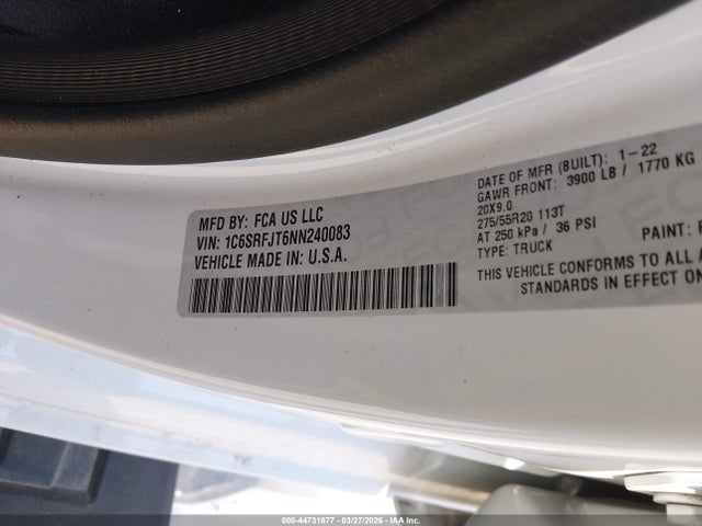 Продажа на аукционе авто 2022 Ram 1500 Laramie  4x4 5'7 Box, vin: 1C6SRFJT6NN240083, номер лота: 44731877