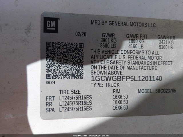 1GCWGBFP5L1201140 Chevrolet Express Cargo Rwd 2500 Extended Wheelbase Wt