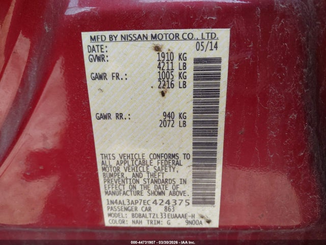 44731907 :رقم المزاد ، 1N4AL3AP7EC424375 vin ، 2014 Nissan Altima 2.5 Sv مزاد بيع