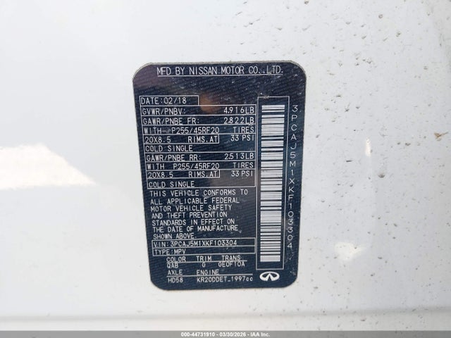 44731910 :رقم المزاد ، 3PCAJ5M1XKF103304 vin ، 2019 Infiniti Qx50 Essential مزاد بيع