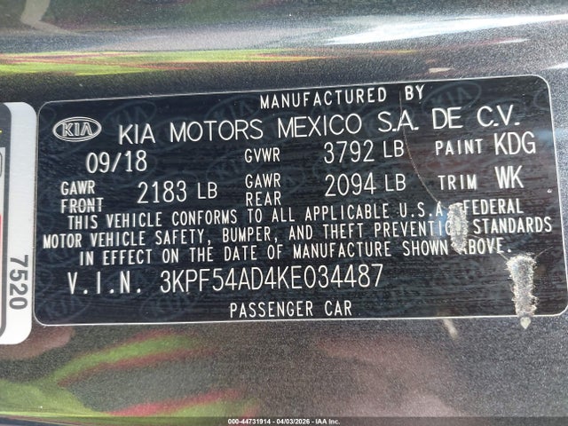 44731914 :رقم المزاد ، 3KPF54AD4KE034487 vin ، 2019 Kia Forte Ex مزاد بيع
