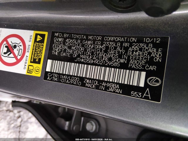 44731915 :رقم المزاد ، JTHKD5BH9D2129585 vin ، 2013 Lexus Ct 200h مزاد بيع