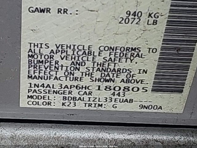 Продажа на аукционе авто 2017 Nissan Altima 2.5 Sv, vin: 1N4AL3AP6HC180805, номер лота: 44731946