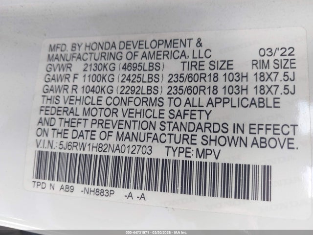5J6RW1H82NA012703 Honda Cr-v 2wd Ex-l