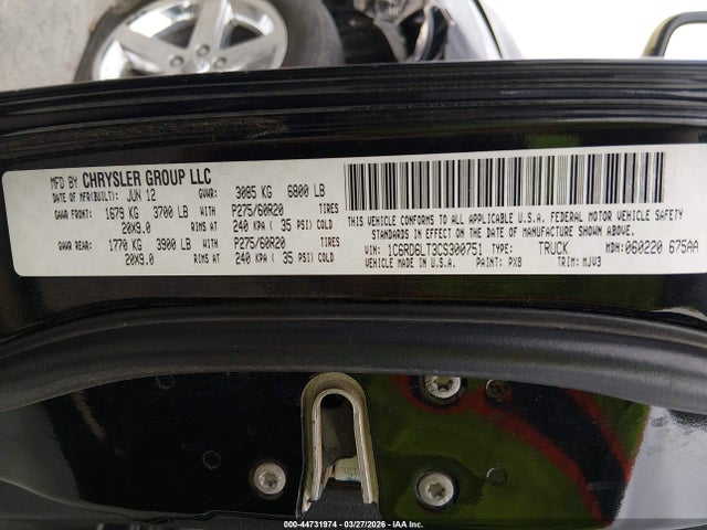 Aukcja sprzedaży 2012 Ram 1500 Slt, vin: 1C6RD6LT3CS300751, numer aukcji: 44731974