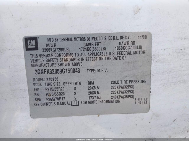 2009 CHEVROLET AVALANCHE 1500 3GNFK32059G150043 Photo 8