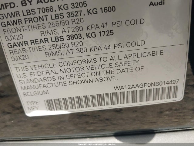 44731985 :رقم المزاد ، WA12AAGE0NB014497 vin ، 2022 Audi E-tron Sportback Premium Plus S Line Quattro مزاد بيع