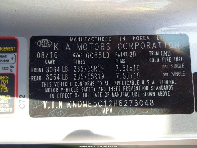 Aukcja sprzedaży 2017 Kia Sedona Sx Luxury, vin: KNDME5C12H6273048, numer aukcji: 44731987