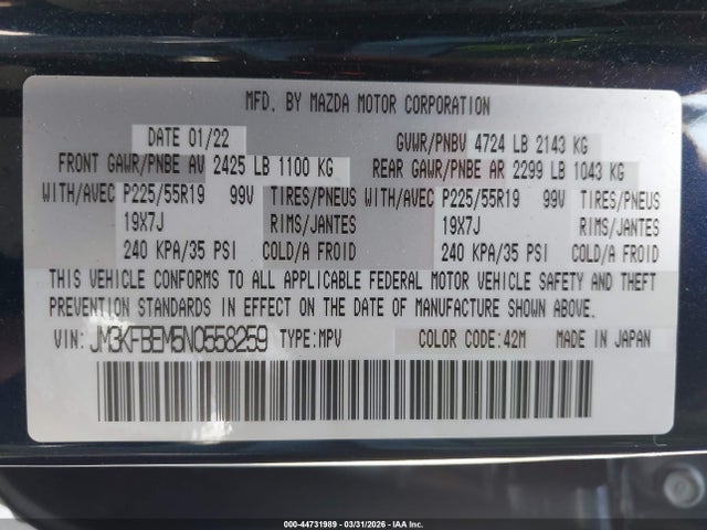 44731989 :رقم المزاد ، JM3KFBEM5N0558259 vin ، 2022 Mazda Cx-5 2.5 S Premium Plus مزاد بيع