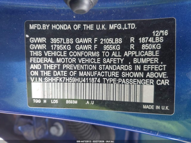 2017 Honda Civic Ex მანქანა იყიდება აუქციონზე, vin: SHHFK7H59HU411874, აუქციონის ნომერი: 44732013